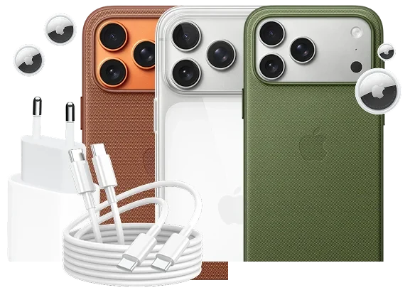 iPhones em tres cores com cabo e carregador