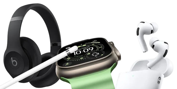 Fone over-ear, relógio inteligente, fones sem fio e caneta