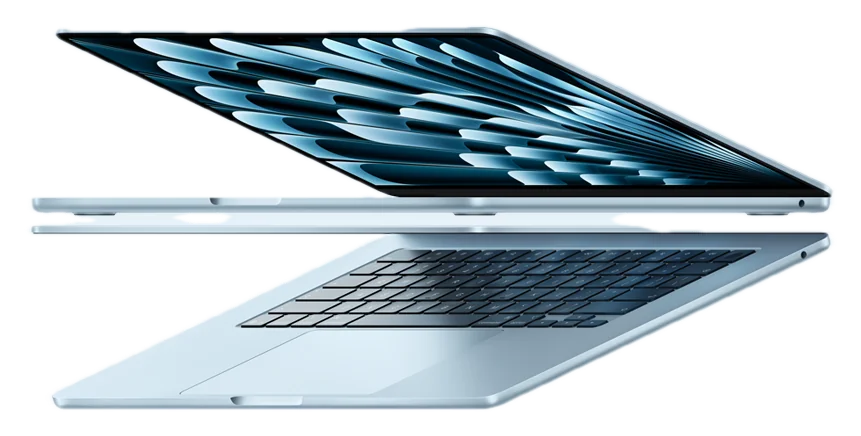 Notebook azul-claro aberto em ângulo